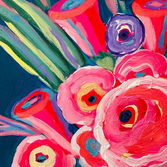 Original Abstract Floral Painting: Colorful Flowers Vase Still Life 12"x12" OOAK - Picture 5 of 10
